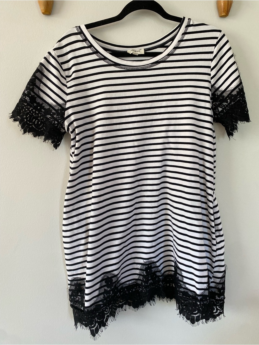 Striped Lace Trim Shirt Dress with Pockets - Black & White